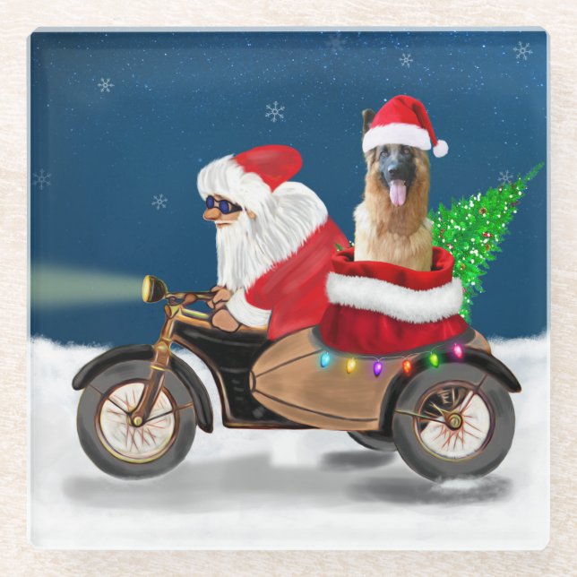 Dessous-de-verre En Verre Chien berger allemand Noël Père Noël (Devant)