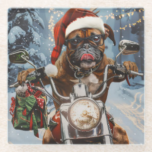 Dessous-de-verre En Verre Chien Boxer à Vélo à Noël