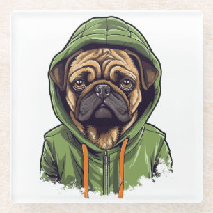 Dessous-de-verre En Verre Chien Carlin portant un sweat à capuche vert
