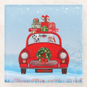 Dessous-de-verre En Verre Chien Dalmatien En Voiture Avec Le Père Noël