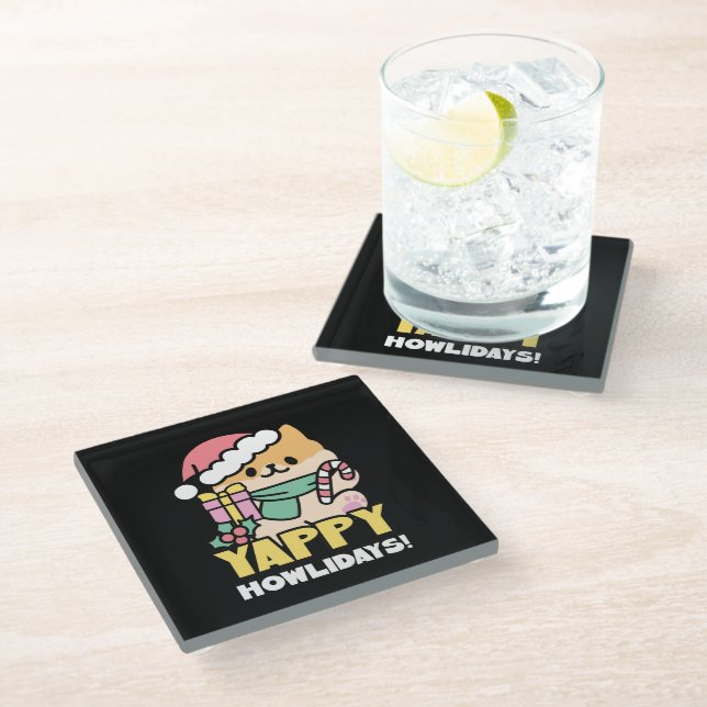 Dessous-de-verre En Verre Chien de Noël mignon - Yappy Howlidays (Incliné)