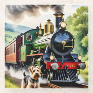 Dessous-de-verre En Verre Chien saluant un train à vapeur