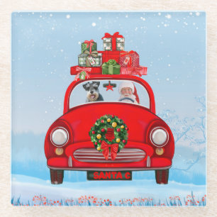 Dessous-de-verre En Verre Chien schnauzer en voiture avec le Père Noël