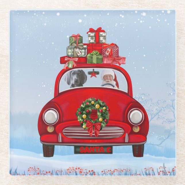 Dessous-de-verre En Verre Chien Weimaraner En Voiture Avec Le Père Noël (Devant)
