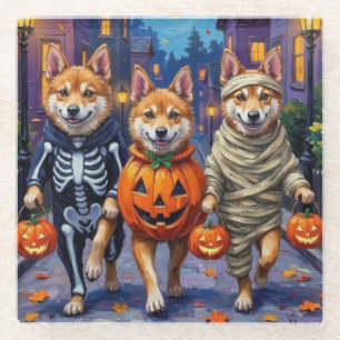 Dessous-de-verre En Verre Chiens Akita faisant Trick-or-Treat dans des costu