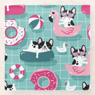 Dessous-de-verre En Verre Chiens avec flotteurs de piscine, motif vintage.