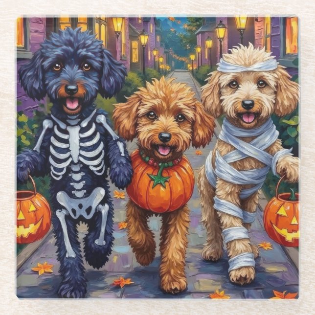 Dessous-de-verre En Verre Chiens de caniche Costumes d'Halloween à la traîne (Devant)