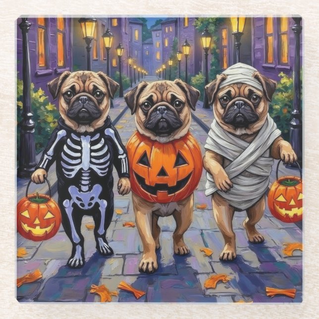 Dessous-de-verre En Verre Chiens de carlin en costumes d'Halloween (Devant)