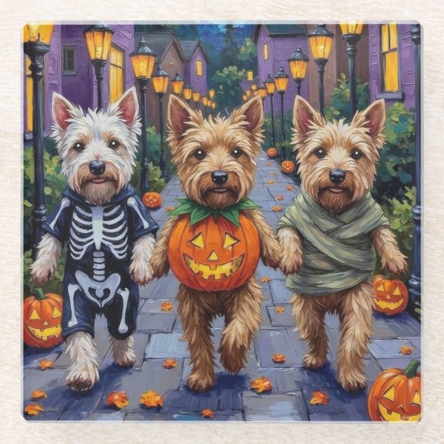 Dessous-de-verre En Verre Chiens De Terrier Roue En Cotumes D'Halloween (Devant)