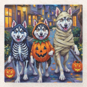 Dessous-de-verre En Verre Chiens Malamute d'Alaska Trick-or-Treating Hallowe