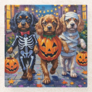 Dessous-de-verre En Verre Chiens Spaniels Tibétains en Costumes d'Halloween