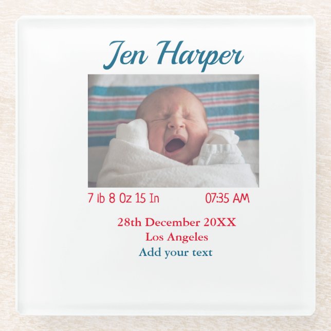 Dessous-de-verre En Verre Chiffres de naissance bébé ajouter nom lieu date d (Devant)