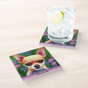 Dessous-de-verre En Verre Chihuahua Puppy dans la prairie de fleurs Personna