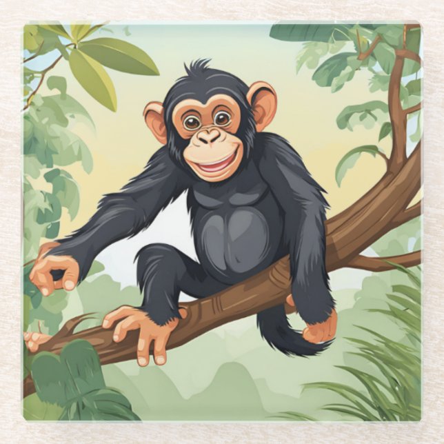 Dessous-de-verre En Verre Chimpanzée avec sa mignonne queue sur la branche s (Devant)