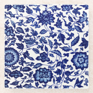 Dessous-de-verre En Verre Chinois bleu marine foncé motif floral sur blanc