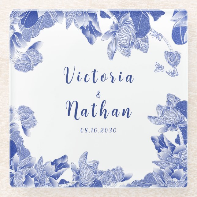 Dessous-de-verre En Verre Chinoiserie Lotus Floral Mariage bleu et blanc (Devant)