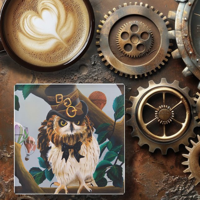 Dessous-de-verre En Verre Chouette à chapeau en haut de Steampunk (Créateur téléchargé)