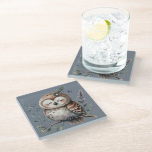 Dessous-de-verre En Verre Chouette aquarelle mignonne dans un style floral b