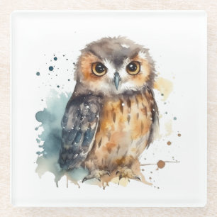 Dessous-de-verre En Verre Chouette d'aquarelle mignonne