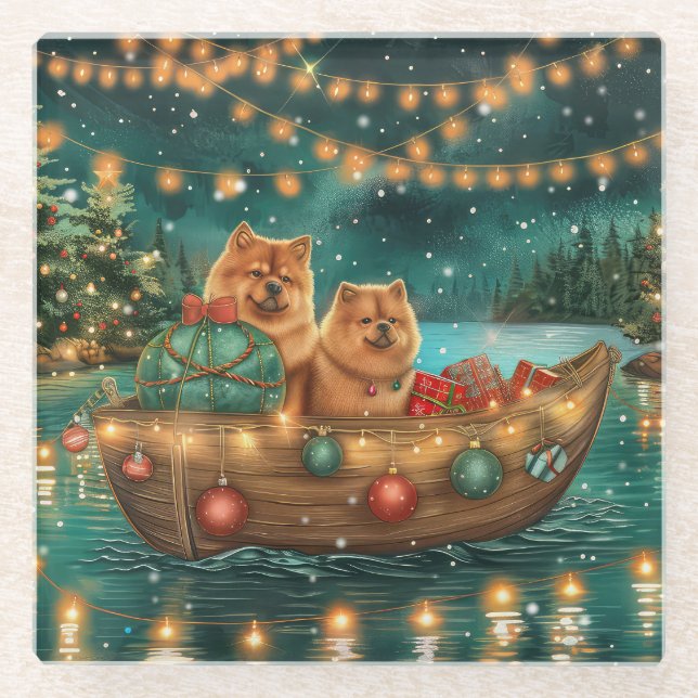 Dessous-de-verre En Verre Chow Chow Noël Festive Voyage (Devant)