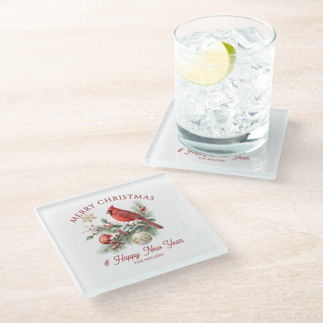 Dessous-de-verre En Verre Christmas Bouquet Red Robin Custom Typography (Incliné)