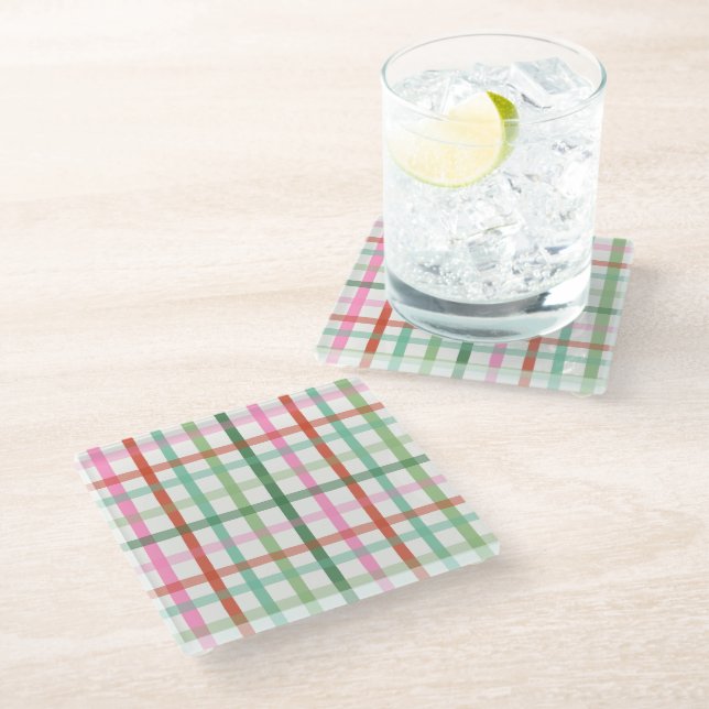Dessous-de-verre En Verre Christmas Plaid - Green & Pink White (Incliné)