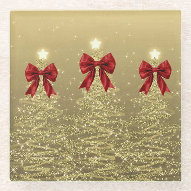 Dessous-de-verre En Verre Christmas Sparkling Trees Gold Faux Red Bow  (Devant)