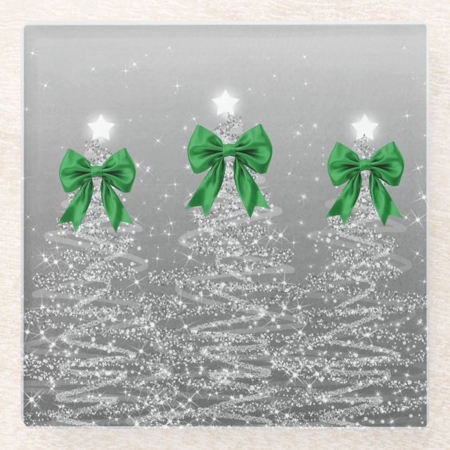 Dessous-de-verre En Verre Christmas Sparkling Trees Silver Faux Green Bow  (Devant)