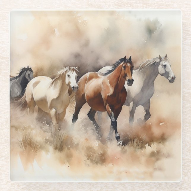 Dessous-de-verre En Verre « Cinq mustangs galopants » Aquarelle western pous (Devant)