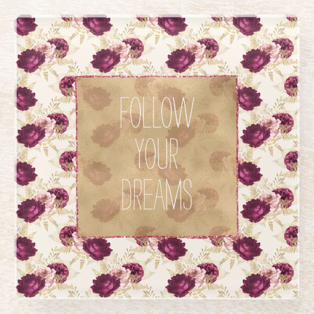 Dessous-de-verre En Verre Citation florale rose crème (Devant)