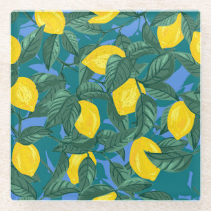 Dessous-de-verre En Verre Citrons, feuille : motif tropical d'agrumes.