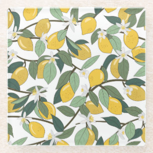 Dessous-de-verre En Verre Citrons Jaunes, Impression Tropicale Sans Fil.