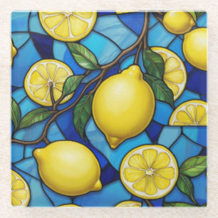 Dessous-de-verre En Verre Citrons jaunes sur l'art en verre coloré bleu
