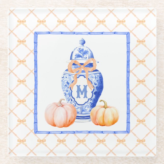 Dessous-de-verre En Verre Citrouille d'automne | Monogramme de pot de gingem (Devant)