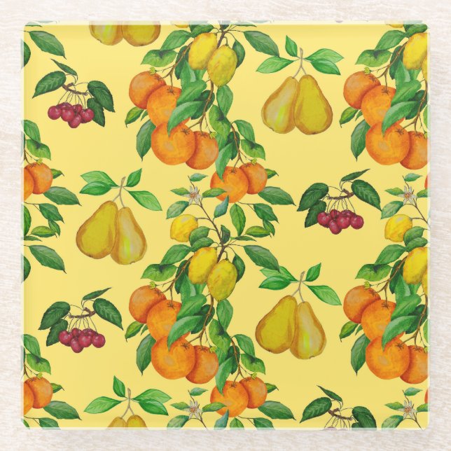 Dessous-de-verre En Verre Citrus, poire, cerise : aquarelle. (Devant)