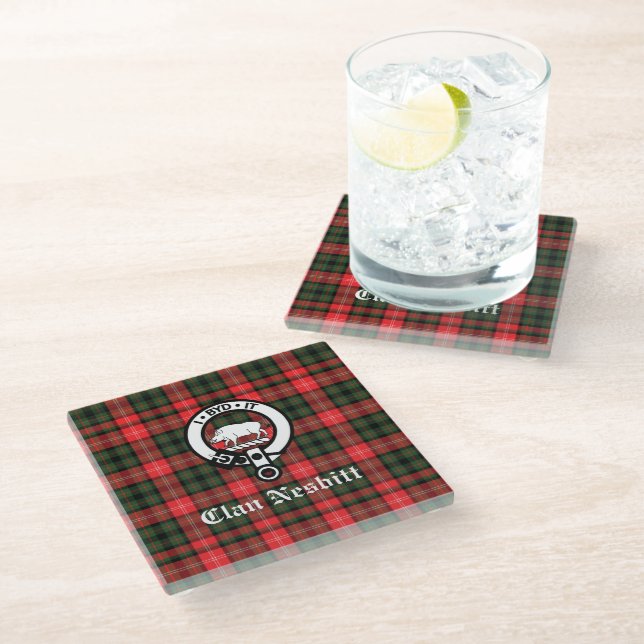 Dessous-de-verre En Verre Clan Nesbitt Crest Badge & Tartan Personnalisé (Incliné)