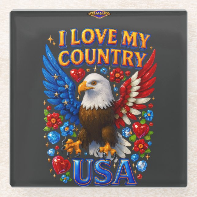 Dessous-de-verre En Verre Coaster Design: I Love My Country - USA (Devant)