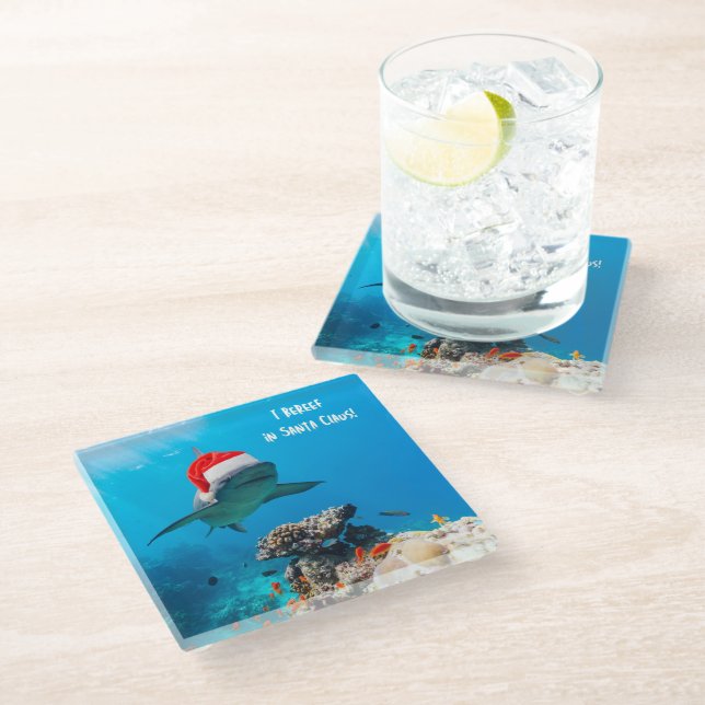 Dessous-de-verre En Verre Coaster, Shark Christmas (Incliné)