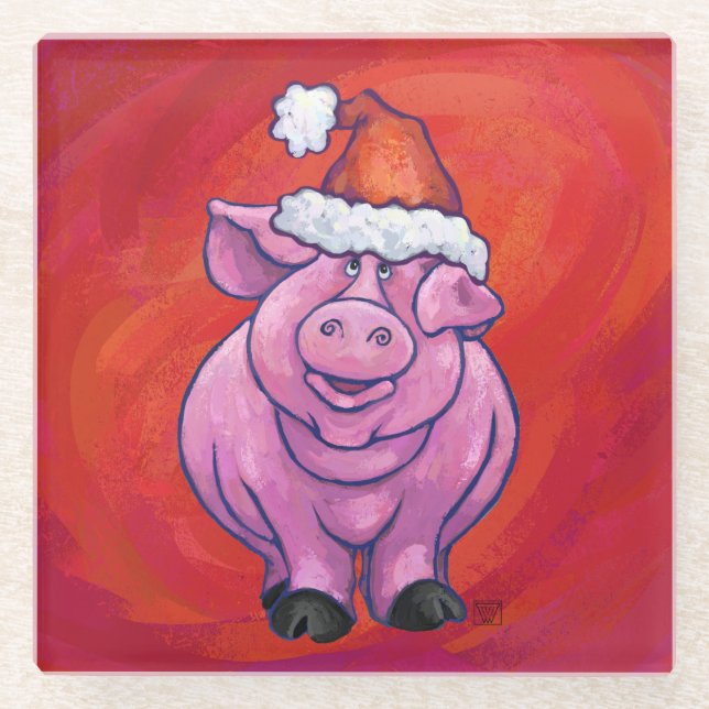 Dessous-de-verre En Verre Cochon mignon à Santa Hat sur rouge (Devant)