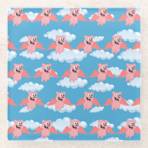 Dessous-de-verre En Verre Cochon Sourire Ailes Roses Volant Animal Drôle Des