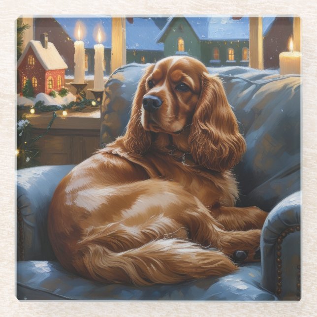 Dessous-de-verre En Verre Cocker Spaniel avec les lumières de Noël (Devant)