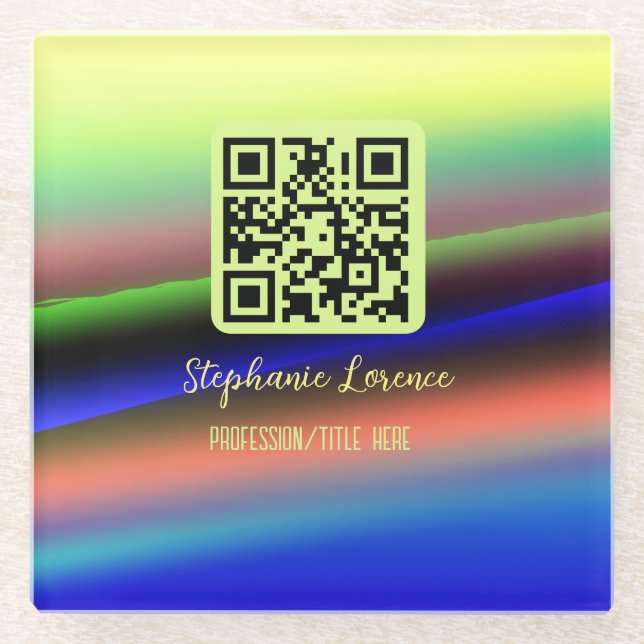 Dessous-de-verre En Verre Code QR bleu jaune ajouter nom profession titre im (Devant)