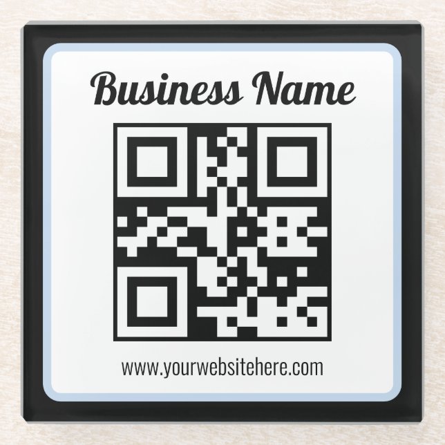 Dessous-de-verre En Verre Code QR éditable & Texte avec bordure bleu clair (Devant)