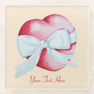 Dessous-de-verre En Verre coeur rouge attaché avec ruban blanc romantique