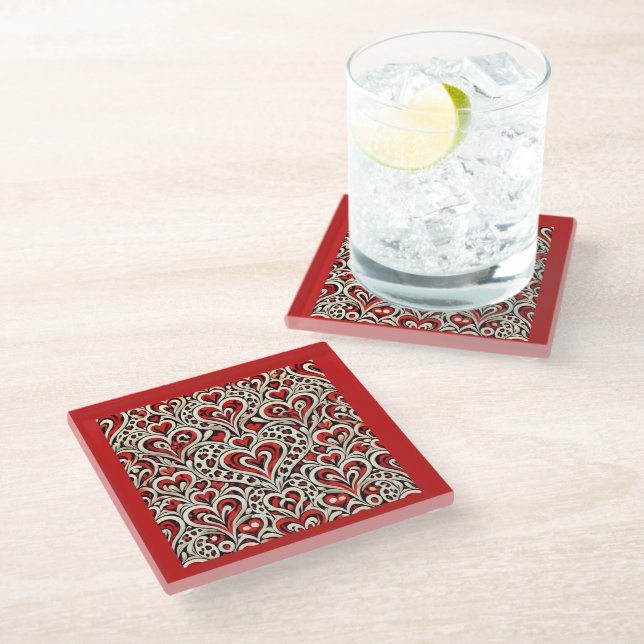 Dessous-de-verre En Verre Cœurs doux rouges  (Incliné)