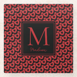 Dessous-de-verre En Verre Coeurs rouges et noirs Monogramme personnalisé