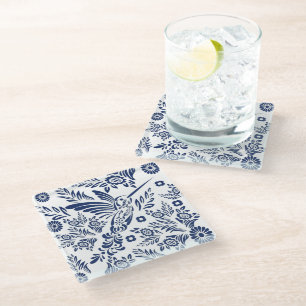 Dessous-de-verre En Verre Colibri bleu et blanc Talavera floral mexicain 