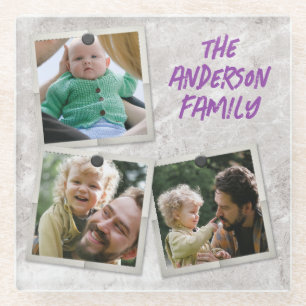 Dessous-de-verre En Verre Collage de cadre photo famille Cute 3 avec des tex
