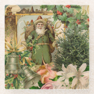 Dessous-de-verre En Verre Collage de Noël Père Noël vert de l'ancien monde A