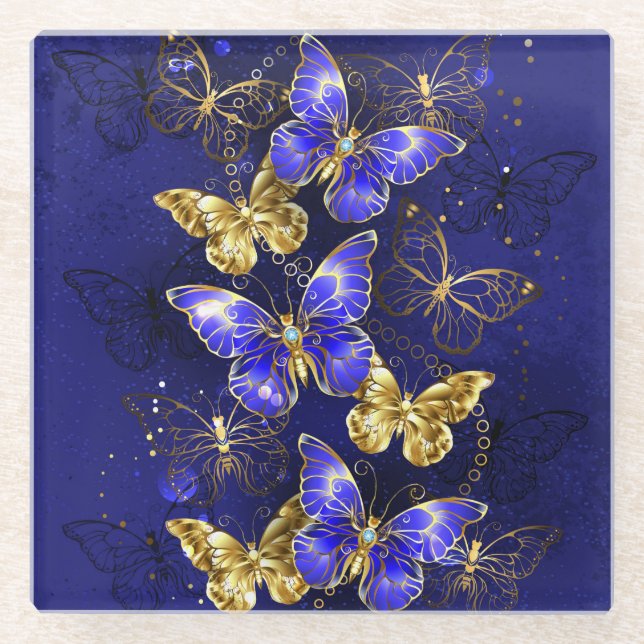 Dessous-de-verre En Verre Composition avec papillons Sapphire (Devant)